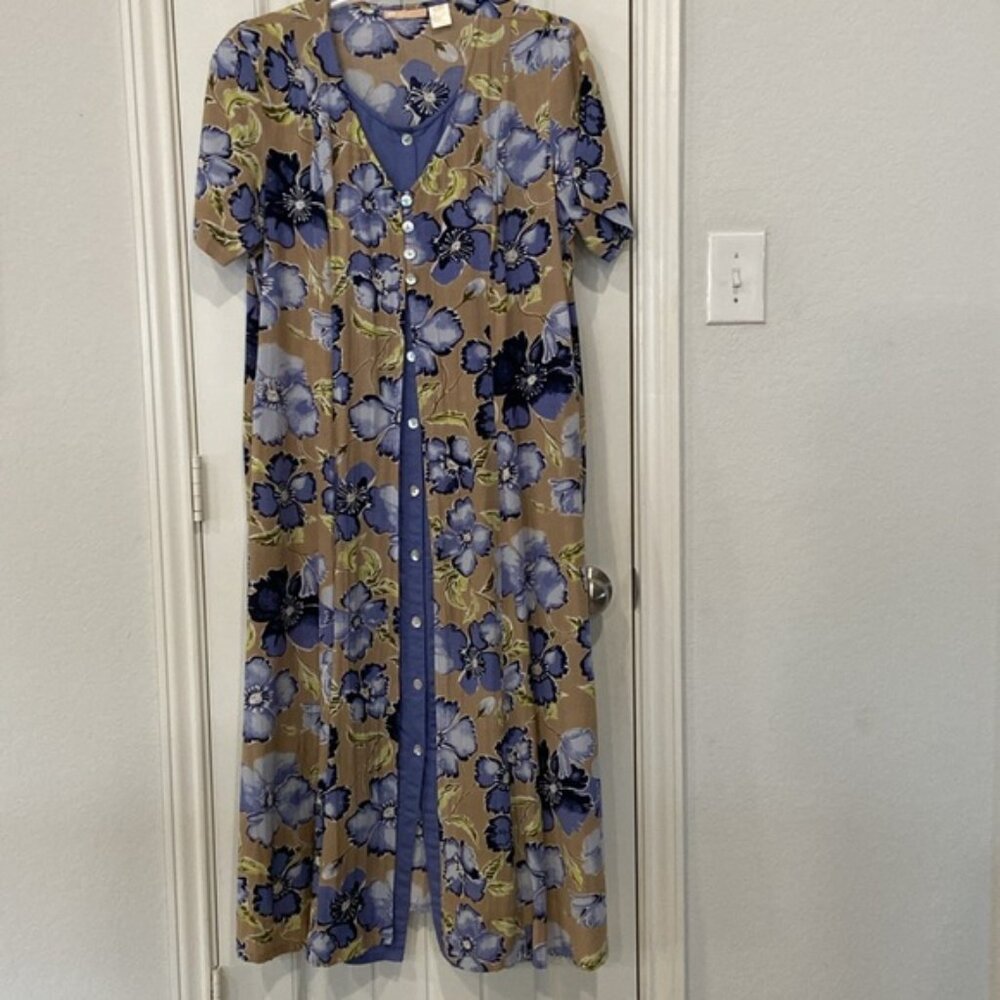 In perfect condition Floral Button-Down Dress with Blue and Tan Accents
